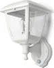 A white outdoor wall lamp with a clear glass enclosure and a visible light bulb, mounted on a wall. Produktbild-Vorschau