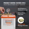 A hand is shown adjusting a valve on a vacuum chamber with a gauge. The chamber is transparent with an orange lid. Text overlays describe features. Anteprima dell’immagine prodotto