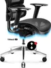 Close-up of the base and seat mechanism of an ergonomic office chair, highlighting its lift and tilt features with blue wavy lines and a circular graphic indicating adjustment. Voir les images du produit