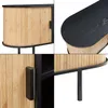 A collage of four close-up images of a TV stand with bamboo doors and black accents. Produktbild-Vorschau