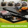 A collage of images showing a modern coffee table in different configurations and settings, with a close-up view of the table's interior and features. Produktbild-Vorschau
