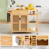 A kitchen island cart with various storage options, shown in a kitchen setting and with close-up detail shots of its features. Podgląd zdjęcia produktu