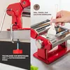 A collage showing a red pasta maker. The left side shows the pasta maker clamped to a table, and the right side shows a hand cleaning the pasta maker with a brush. Produktbild-Vorschau