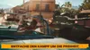 A man driving a car with a tank in the background, with text overlay. Produktbild-Vorschau