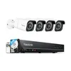 A product shot of a Reolink surveillance camera system, including four cameras and a network video recorder with a hard drive. Anteprima dell’immagine prodotto