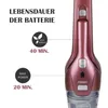 Close-up of the handle and battery indicator of a cordless vacuum cleaner, with text overlays indicating battery life in different modes. Produktbild-Vorschau