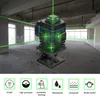 A 4D 16-line laser level tool is shown in a construction site setting, with green laser lines projected onto the walls and floor. Below the main image are icons representing product features. Náhled obrázku produktu
