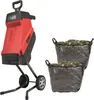 A red and black garden shredder with two collection bags filled with shredded material, set against a white background. Voir les images du produit