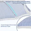 Close-up view of a striped umbrella canopy with tassels, highlighting its features. Produktbild-Vorschau