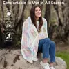 A woman is sitting on a rock outdoors, wrapped in a colorful blanket. Produktbild-Vorschau