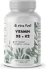 A white bottle of Vitamin D3 + K2 tablets with a label featuring the brand name, product name, and nutritional information, set against a white background with decorative green foliage. Produktbild-Vorschau