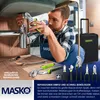 A man is working on plumbing under a sink, with a tool case and various tools laid out. Produktbild-Vorschau