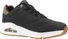 A black Skechers sneaker with a leopard print accent on the heel, set against a white background. Voir les images du produit