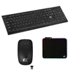 A black wireless keyboard, mouse, and mousepad are displayed on a white background. Produktbild-Vorschau