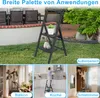 Collage of images showing a black folding step stool in various settings: outdoors, on a balcony, in a kitchen, and in a closet. Voir les images du produit
