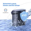 A black water filter pitcher is shown with water splashing around it, highlighting its water-resistant features. Podgląd zdjęcia produktu
