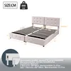 A diagram showing the dimensions of a bed frame with text providing specifications and recommended mattress sizes. Produktbild-Vorschau