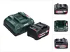 A Metabo battery charger and battery pack are shown on a white background, with additional product images displayed in smaller frames to the right. Produktbild-Vorschau