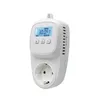 A white plug-in thermostat with a digital display and buttons. Produktbild-Vorschau