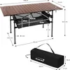 A diagram showing the dimensions of a Hauki camping table and its carrying bag. Podgląd zdjęcia produktu