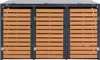 A three-unit trash bin enclosure with slatted wooden doors and a metal frame, shown from the front. Produktbild-Vorschau