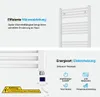 A split image showing a white electric towel radiator with text descriptions of its features and a close-up of its control panel. Podgląd zdjęcia produktu