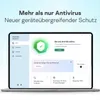 A laptop displaying the Kaspersky antivirus software interface, with promotional text above. Produktbild-Vorschau