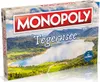 The image shows the front of a Monopoly board game box featuring a scenic view of a lake and mountains. Produktbild-Vorschau