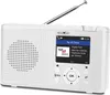 A white digital radio with an extended antenna, displaying song information on its screen. Produktbild-Vorschau