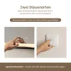 Collage showing two ways to control a mirror light: touching the mirror's touch sensor and using a wall switch. Text describes control options and a memory function. Anteprima dell’immagine prodotto