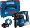 A blue Bosch rotary hammer drill with a blue carrying case and a battery pack are displayed against a white background. Produktbild-Vorschau