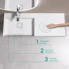 A close-up, top-down view of a white sink with a hand touching a sensor area, accompanied by numbered feature callouts. Produktbild-Vorschau