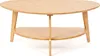 A light brown, oval-shaped coffee table with a lower shelf, made of bamboo, is shown against a white background. Voir les images du produit