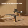 An L-shaped standing desk with a monitor and laptop on it, shown in two different height settings. Produktbild-Vorschau