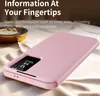 A pink flip case for a smartphone is shown on a textured surface, with text overlay describing its features. Náhled obrázku produktu