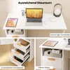 A collage of images showing a white desk with a laptop, tablet, and storage compartments, highlighting its features and storage capacity. Náhled obrázku produktu