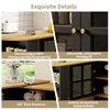 A collage of four close-up images showcasing the details of a black and wood-toned multifunctional bar table with storage. Produktbild-Vorschau