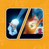 A split image showing a light projector and a marble run with a glowing marble. Produktbild-Vorschau
