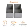 Two grey fabric storage boxes are shown from a top-down perspective, with icons and text below illustrating their features. Produktbild-Vorschau
