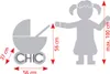 Diagram showing the dimensions of a toy stroller in relation to a child. Produktbild-Vorschau