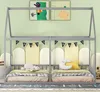 A children's bedroom with two grey house-shaped beds side-by-side, decorated with bunting and stuffed toys. Náhľad obrázku produktu
