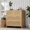 A wooden cabinet with rattan drawers is placed in a hallway next to a staircase and a doorway. Náhled obrázku produktu