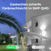 Split image showing a camera's color night vision on the left and black and white night vision on the right, with text overlays describing features. Produktbild-Vorschau