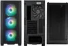 A computer case is shown from three different angles: front, back, and side. Produktbild-Vorschau