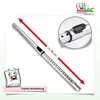 A silver telescopic vacuum cleaner tube is shown diagonally across a white background, with a close-up inset of the connection mechanism. Red arrows indicate the length of the tube, and text labels highlight features. Produktbild-Vorschau