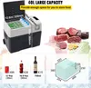 A portable car refrigerator is shown with dimensions and capacity information, along with illustrations of food items it can hold. Produktbild-Vorschau