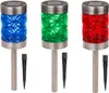 Three solar garden lights in blue, green, and red, each with a metal stake and a black ground spike. Produktbild-Vorschau