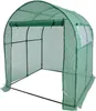 A green arched greenhouse made of fabric and metal poles, shown from the front with the entrance open. Produktbild-Vorschau
