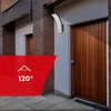 An outdoor wall lamp is mounted on a brick wall next to a wooden door. A red overlay with a diagram and text is present. Anteprima dell’immagine prodotto