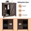 A dark brown buffet cabinet with a sliding barn door, shown with decorative icons and text highlighting its features. Below are two additional images of the cabinet with the sliding door in different positions. Podgląd zdjęcia produktu